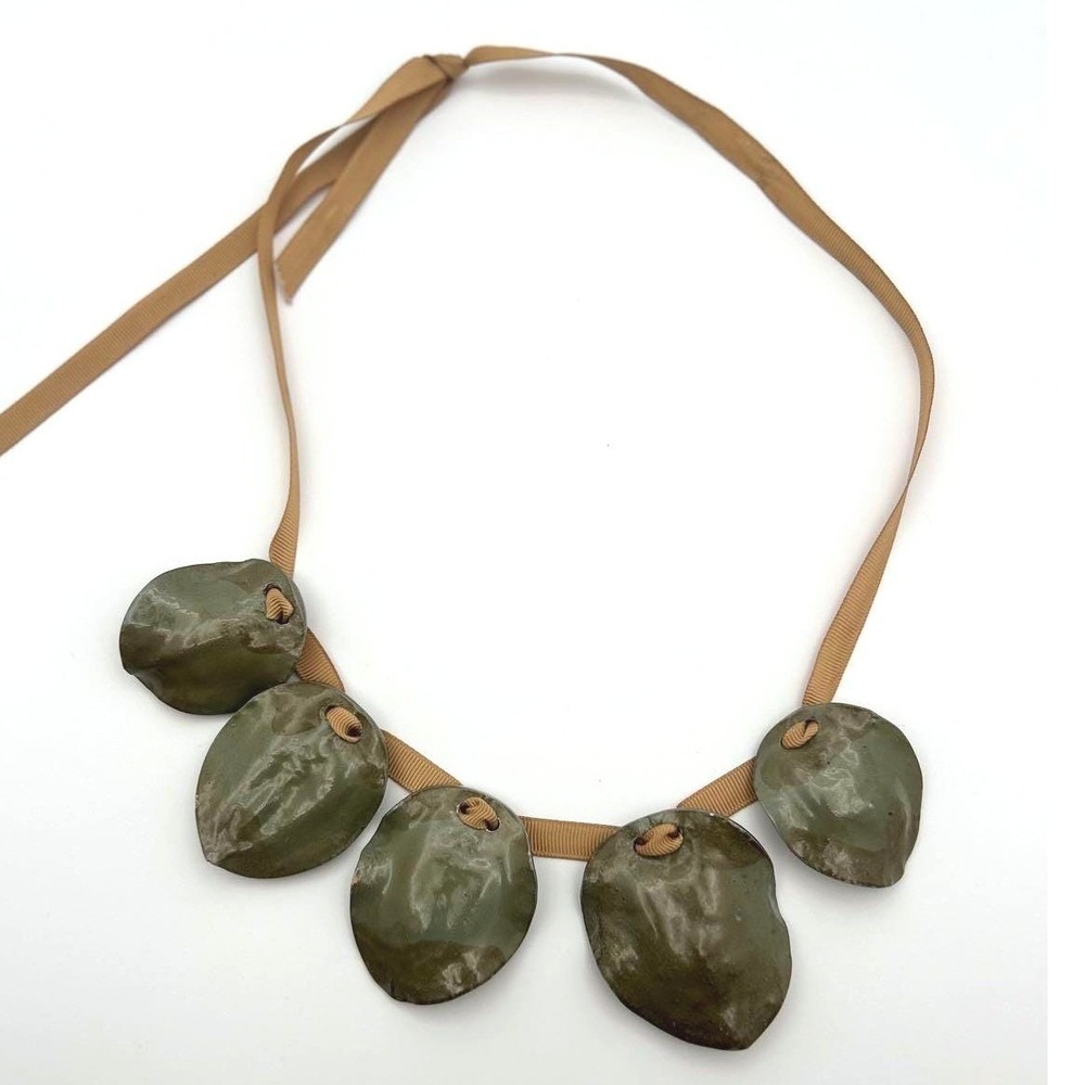 Necklace Olive Green Earthy Statement Organic Ceramic Style Ribbon Adjustable